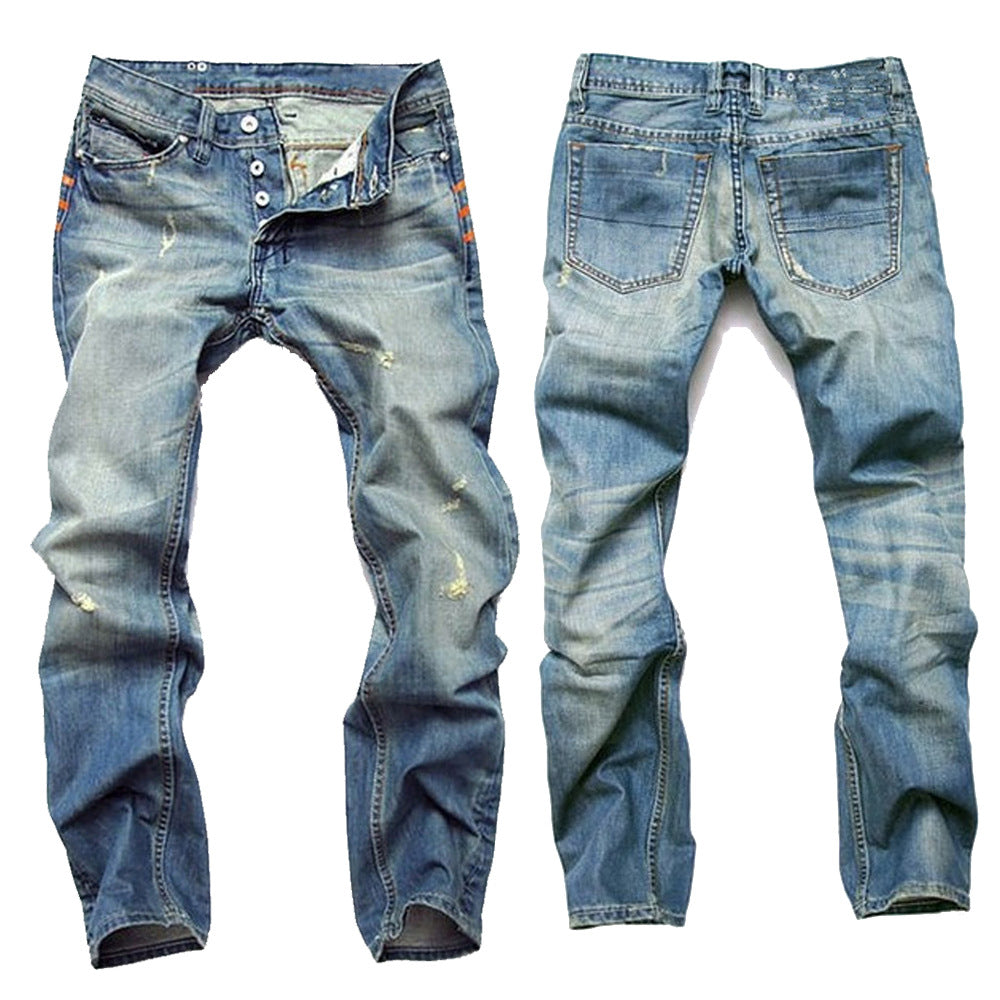 Men's Ripped Light Blue Straight Fit Cotton Blend Jeans