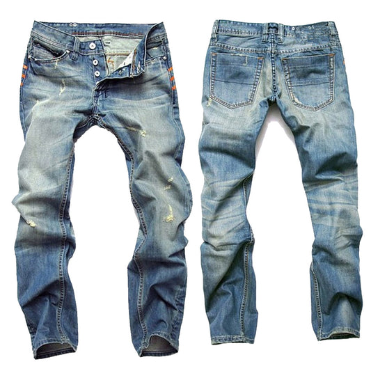 Men's Ripped Light Blue Straight Fit Cotton Blend Jeans
