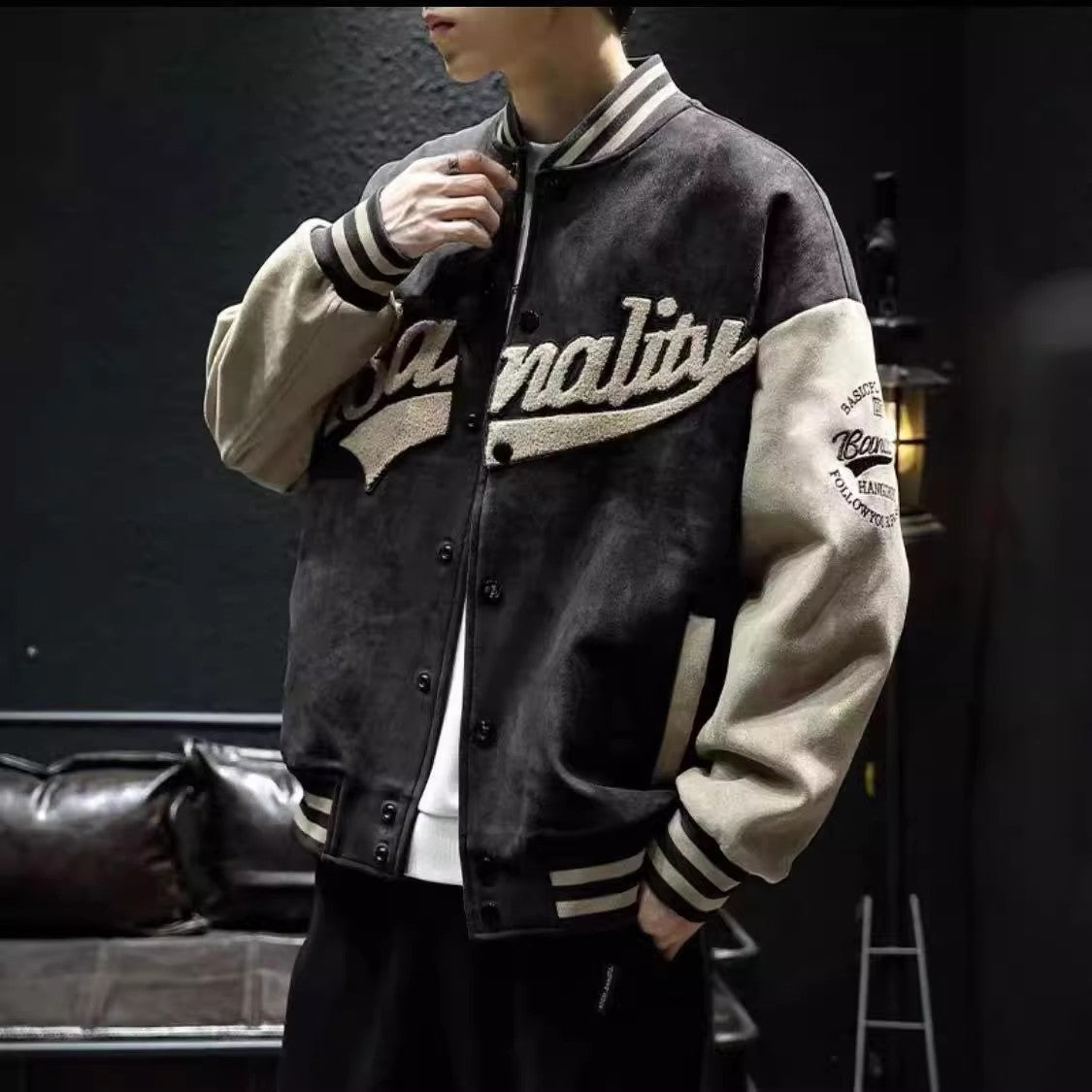 Mens Retro Stand Collar Baseball Jacket
