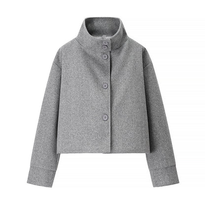 Short Stand-Collar Single-Breasted Elegant Woolen Coat