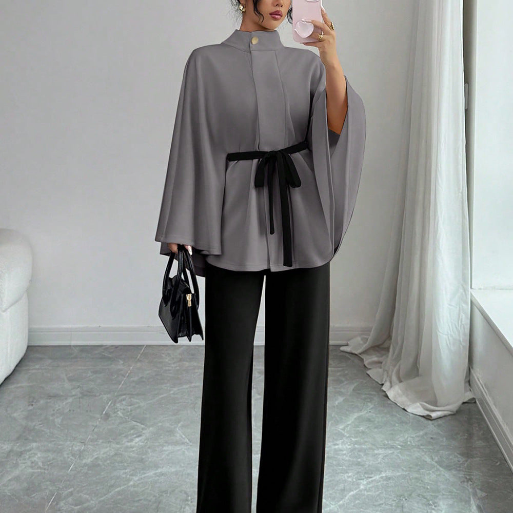 Women's Mock Neck Waist-Tie Short Woolen Coat Set