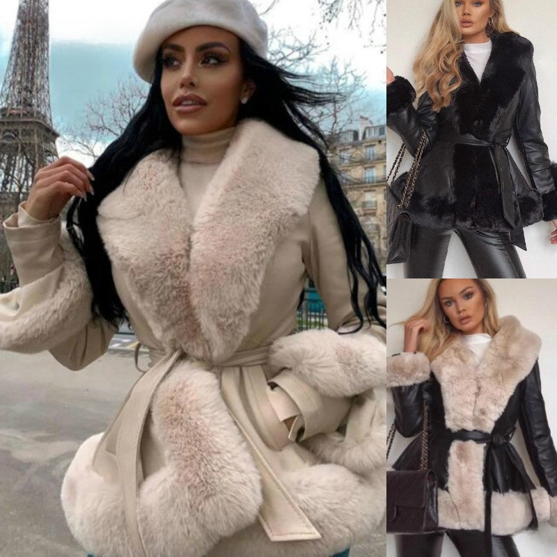 Women's Faux Rabbit Fur Waist Cinching Coat