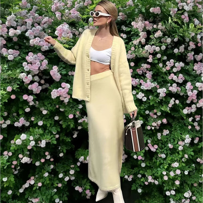 Eelegante gebreide V-hals trui of vest plus rok set