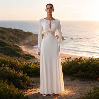 Women's Elegant Lace Patchwork Long Sleeve High-Waist Dress