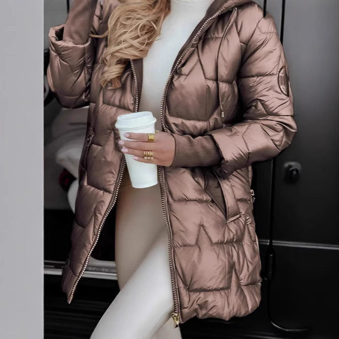 Women Hooded Mid-Length Cotton Jacket Solid Color