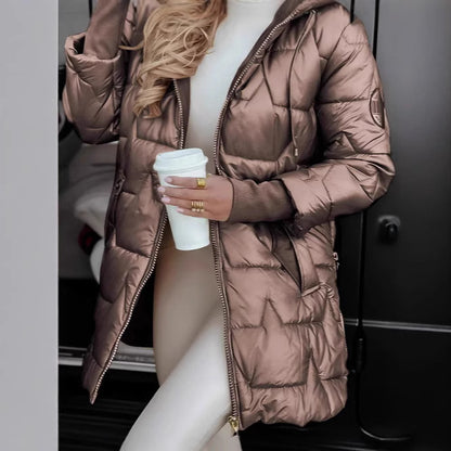 Women Hooded Mid-Length Cotton Jacket Solid Color