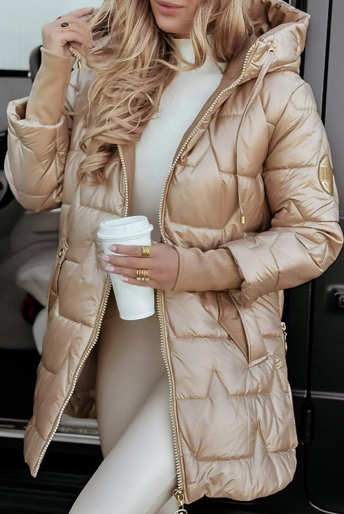 Women Hooded Mid-Length Cotton Jacket Solid Color