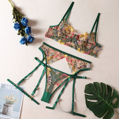 Embroidered Floral Lingerie Set with Underwire