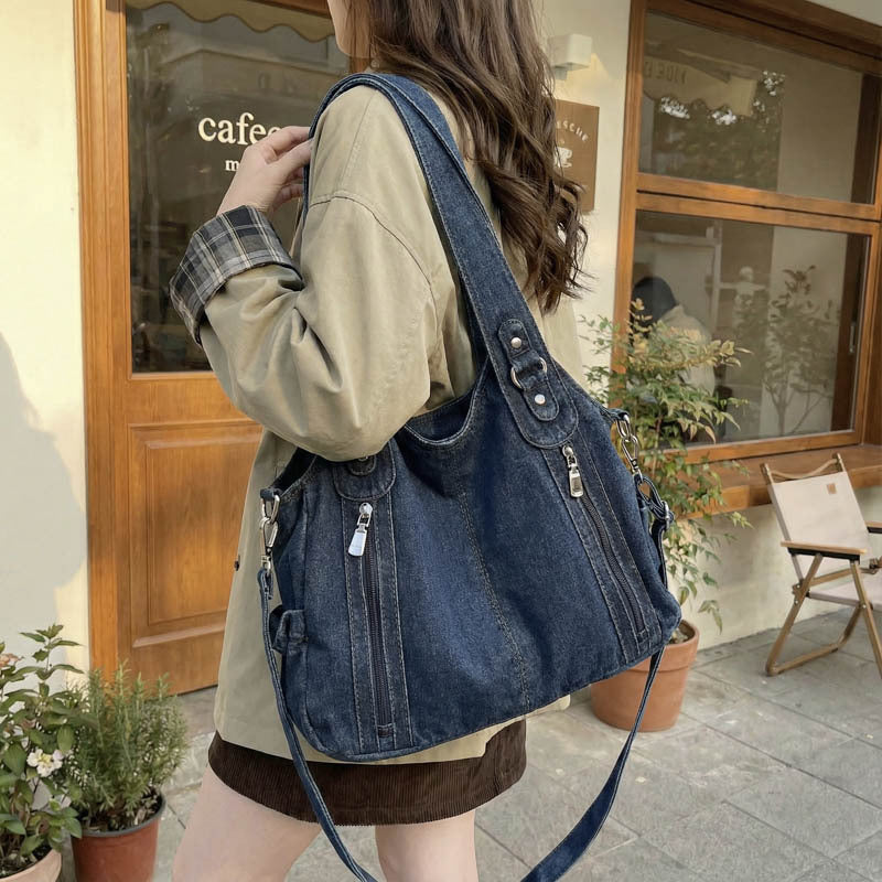 Retro denim large capacity zipper tote bag