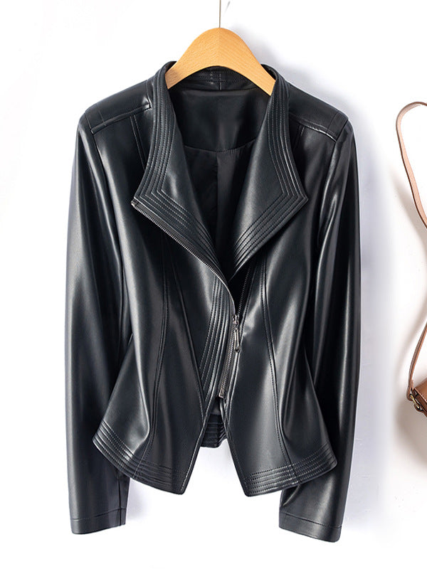 Womens PU Leather Biker Jacket Slim Fit Lapel Zipper