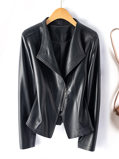Womens PU Leather Biker Jacket Slim Fit Lapel Zipper