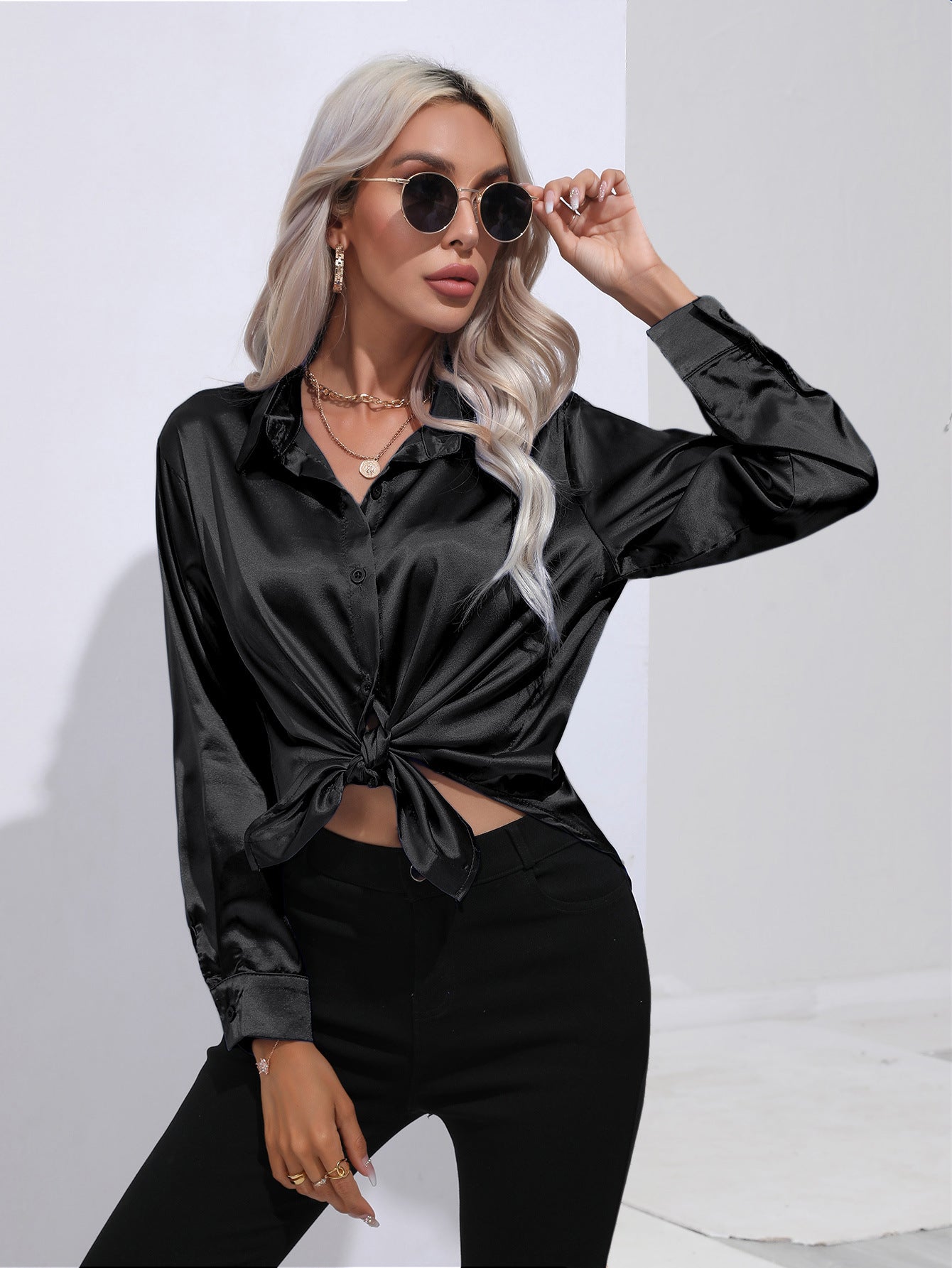 Womens Long Sleeve Satin Shirt