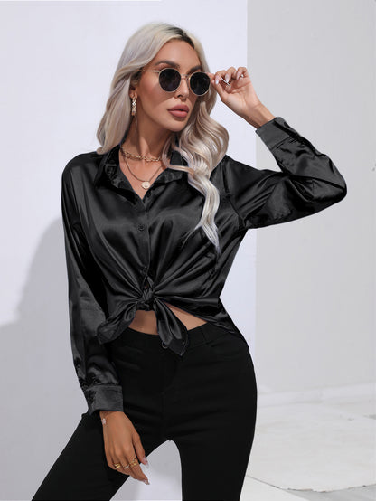 Womens Long Sleeve Satin Shirt