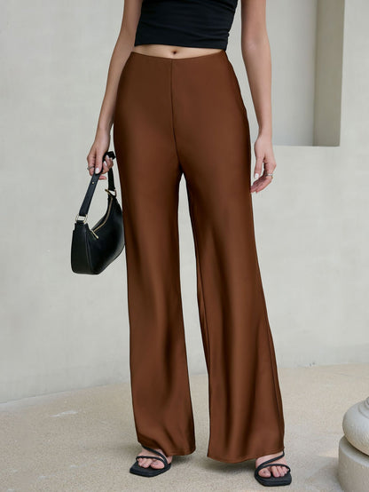 Women's High-Waisted Satin Wide Leg Long Pants with Elastic Waist