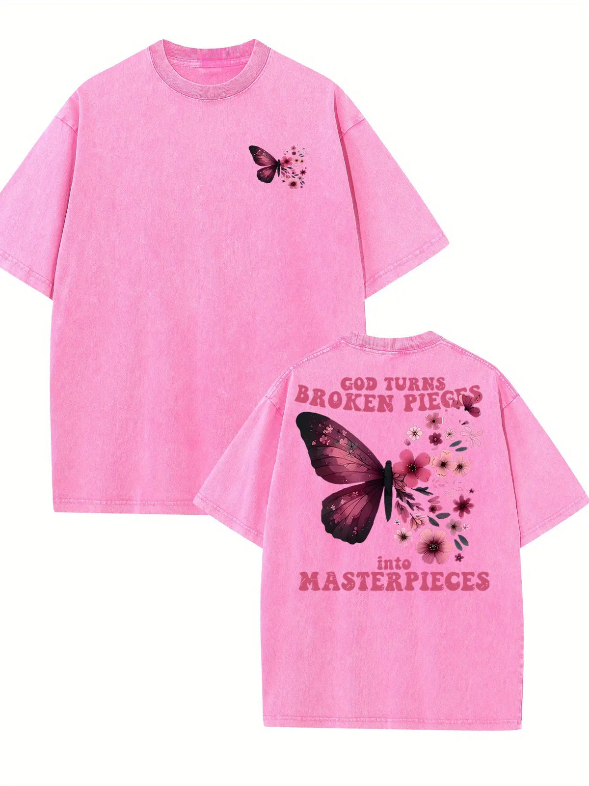 Vintage Washed Cotton T-Shirt with Butterfly Print