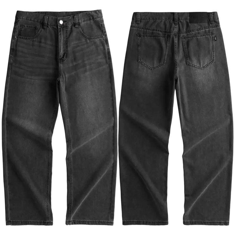 Men's Summer Loose Straight Leg Jeans Washed Black Gray Lightweight