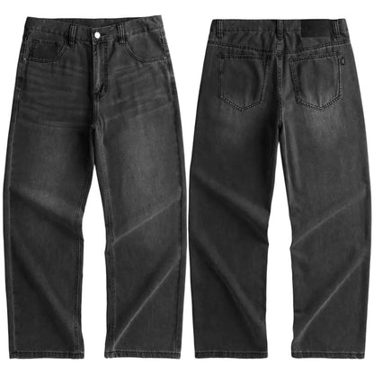 Men's Summer Loose Straight Leg Jeans Washed Black Gray Lightweight
