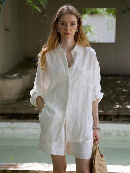 Womens Linen Casual Oversized Shirt Shorts Set