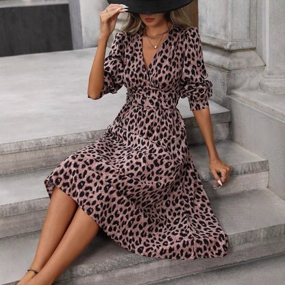 Lange mouwen midi-jurk met luipaardprint Amerikaans