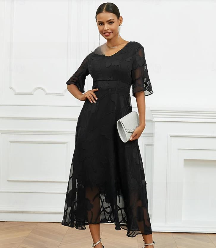 Womens Elegant V-Neck Jacquard A-Line Midi Dress