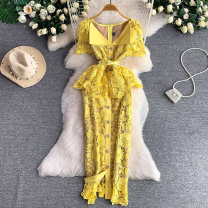 French-Style Hollow Lace Women Dress