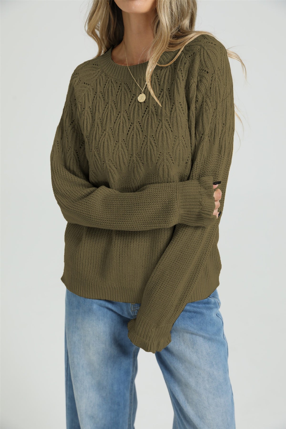 Women's Loose Round Neck Long Sleeve Solid Thick Knit Pullover Sweater