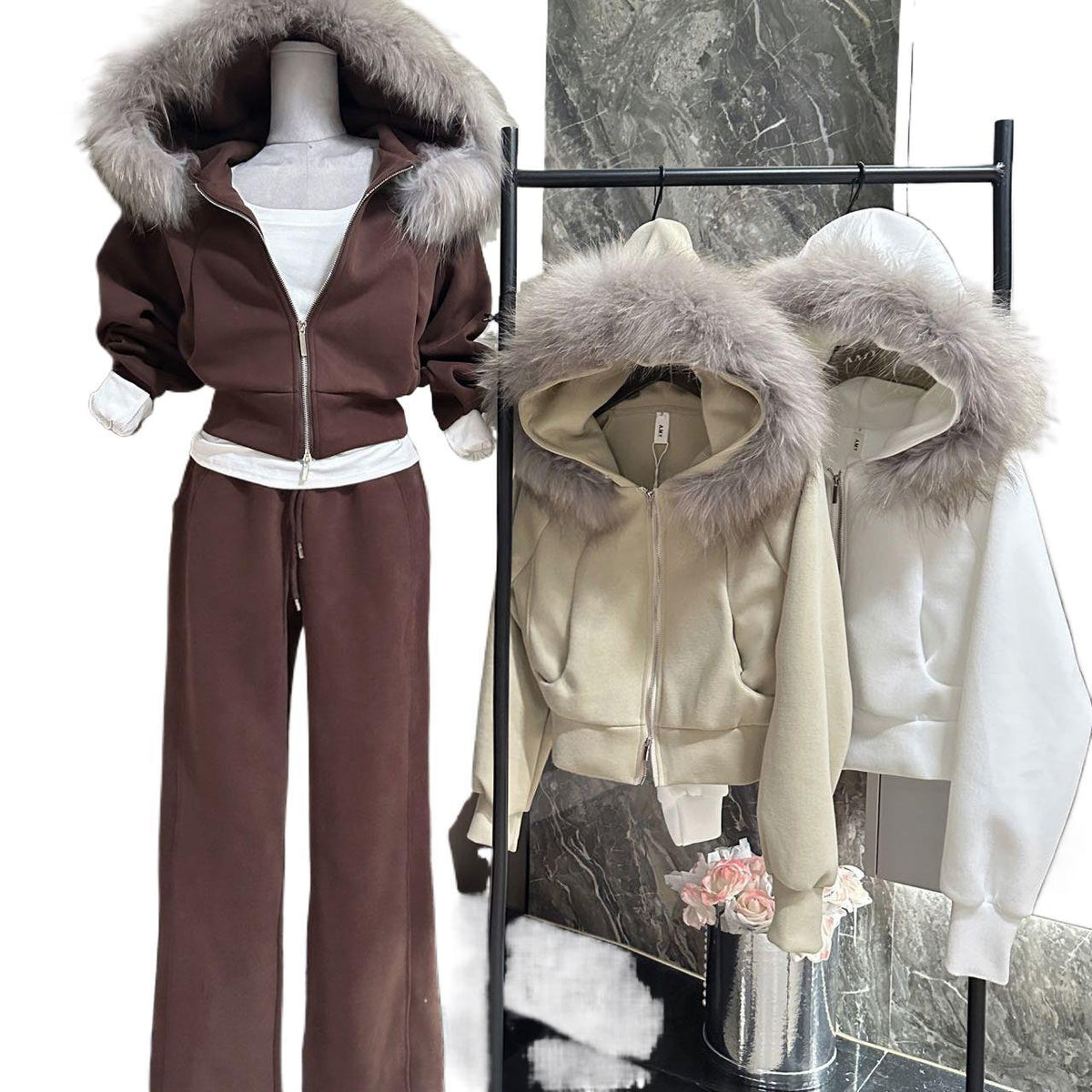 Fleece-Lined Thick Hooded Sweatshirt Jacket Pants Two-Piece Set