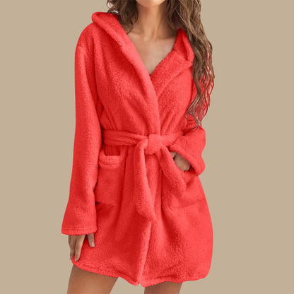 Womens Plush Hooded Bathrobe Warm Homewear