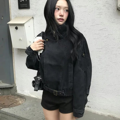New vintage stand collar motorcycle coat