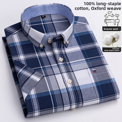 Men's 100% Cotton Plaid Short Sleeve Shirt Oxford Casual Square Collar