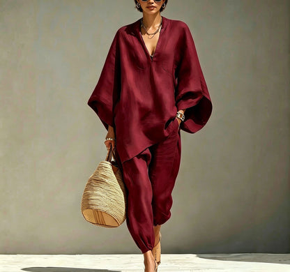 Women Casual Batwing Sleeve V-Neck Linen Blend Suit
