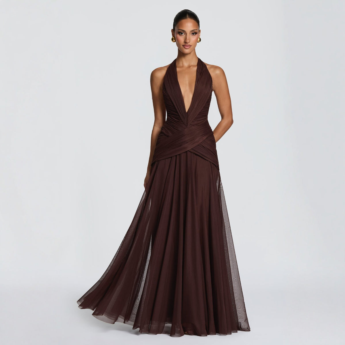 Halterjurk van chiffon met een rok van mesh