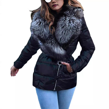 Womens Fur Collar Down Cotton Jacket with Belt