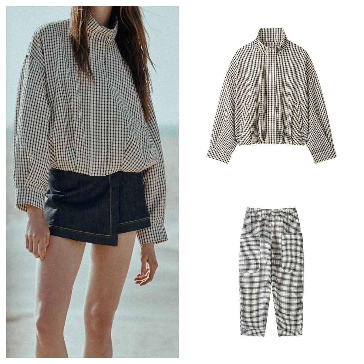 Fashionable Stand-Up Collar Long-Sleeve Classic Plaid Aviator Jacket