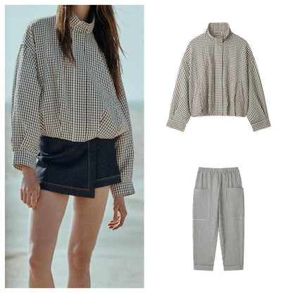Fashionable Stand-Up Collar Long-Sleeve Classic Plaid Aviator Jacket