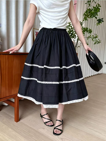 French Style Lace Splicing Floral Pleated A-Line Skirt