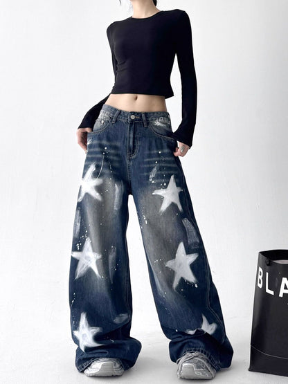 Retro Star Graffiti Wide Leg Jeans