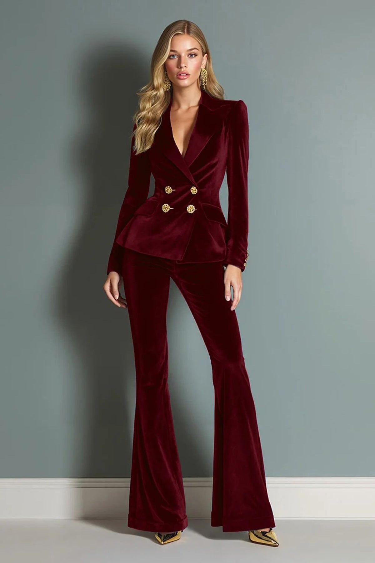 Velvet Lapel Blazer and Bell-Bottom Pants Set