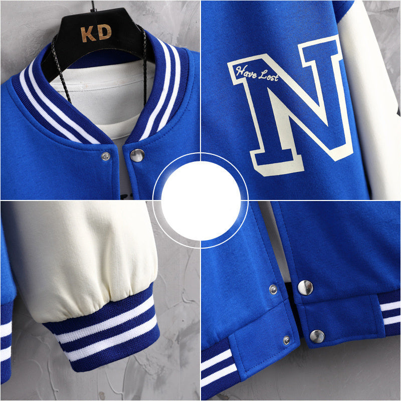 Letterprint Color Block Knoop Ronde Hals Baseball Jacket
