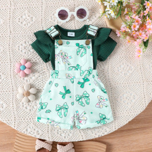 Girls Cotton Printed Top and Overalls Two-Piece Set