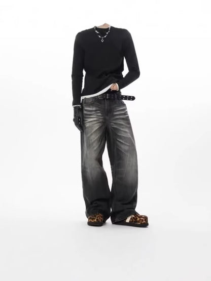 Mens Retro Washed Black Straight Leg Jeans