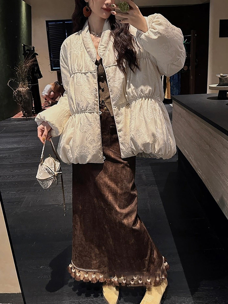 Womens Elegant Ruana Brocade Down Jacket