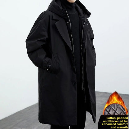 Men's two-piece hooded mid-length warm trench coat overcomes extra-thick