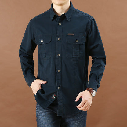 Men's Plus Size Solid Color Long Sleeve Work Shirt Loose Fit Casual Button-Down Shirt with Pocket