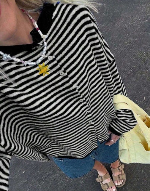 Women's Striped Knit Button-Front Long Sleeve Cardigan