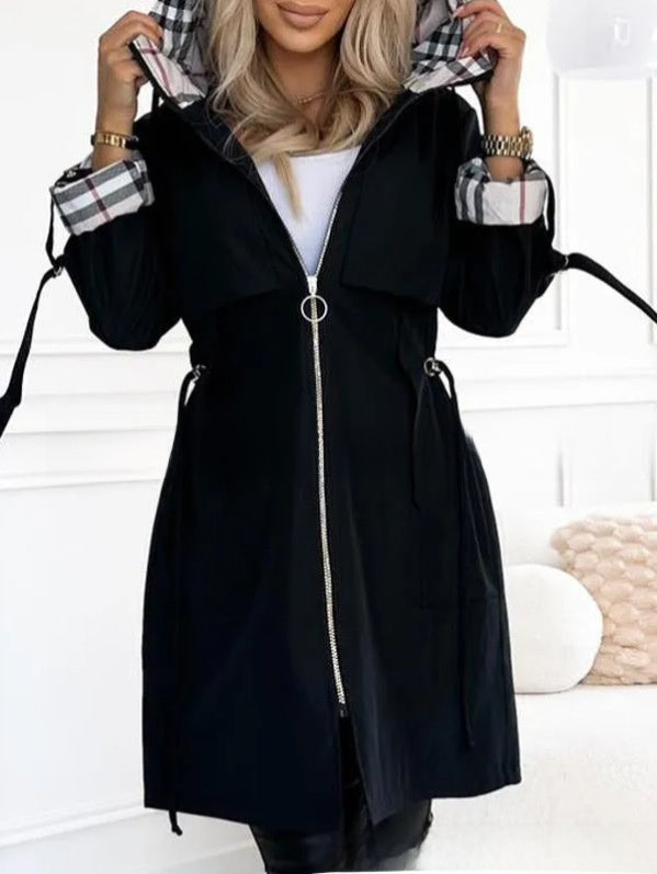 Women's Hooded Plaid Printed Windbreaker Coat