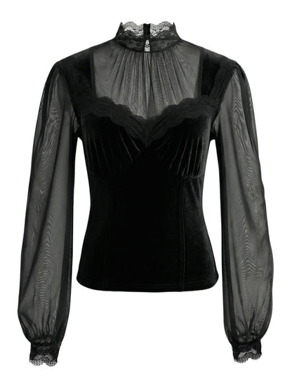 Elegant Mesh Patchwork Bell Sleeve Top