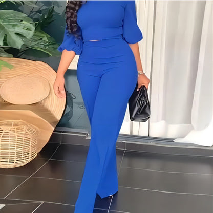 Effen kleur lantaarnmouwen top hoge taille rechte broek tweedelig set