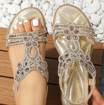 Bohemian Rhinestone Floral Flat Sandals