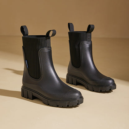 Women's Mid-Calf Waterproof PVC Non-Slip Rain Boots with Elastic Top
